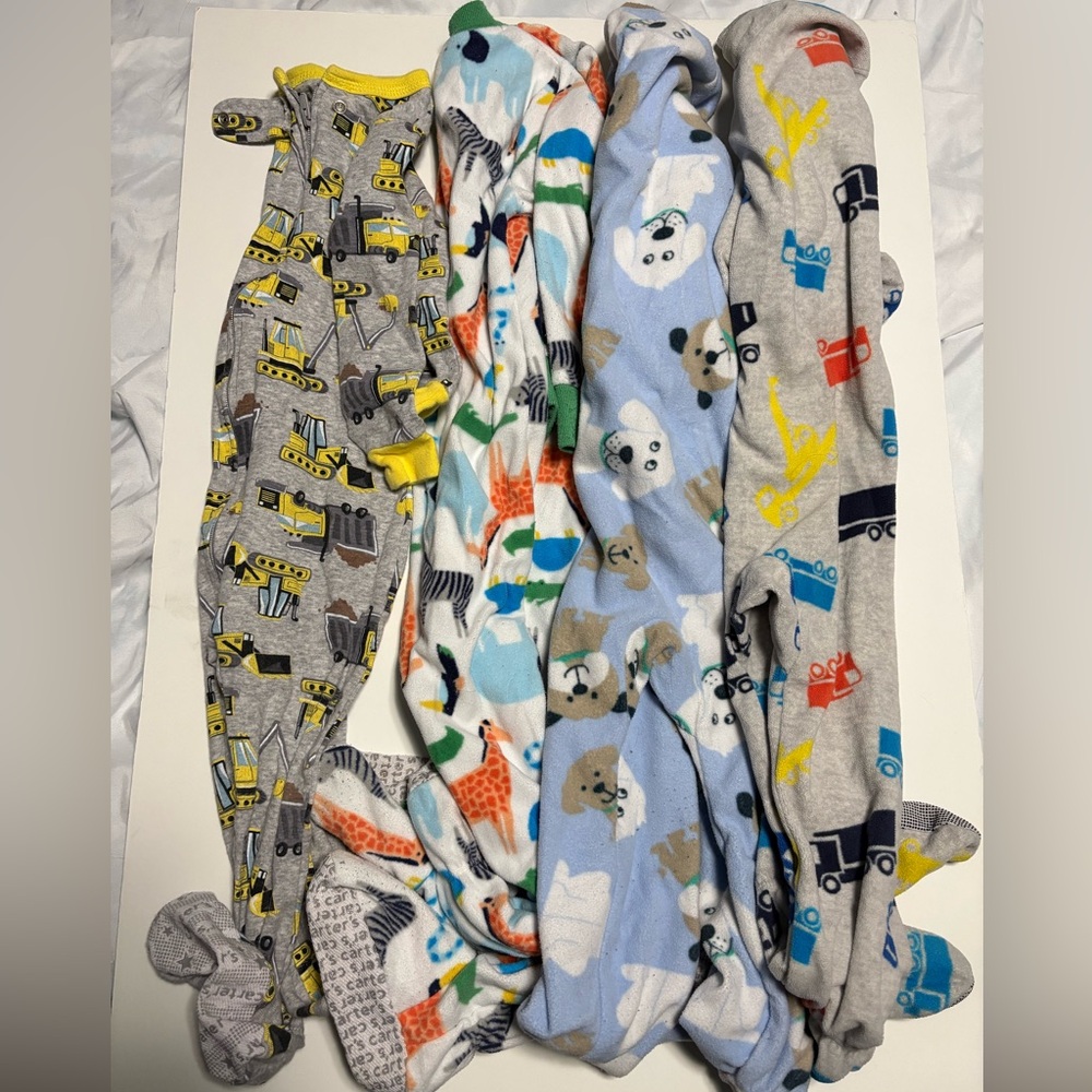 Lot of 4 (3 fleece footie zip up sleepers and 1 construction zip up footie) 24m